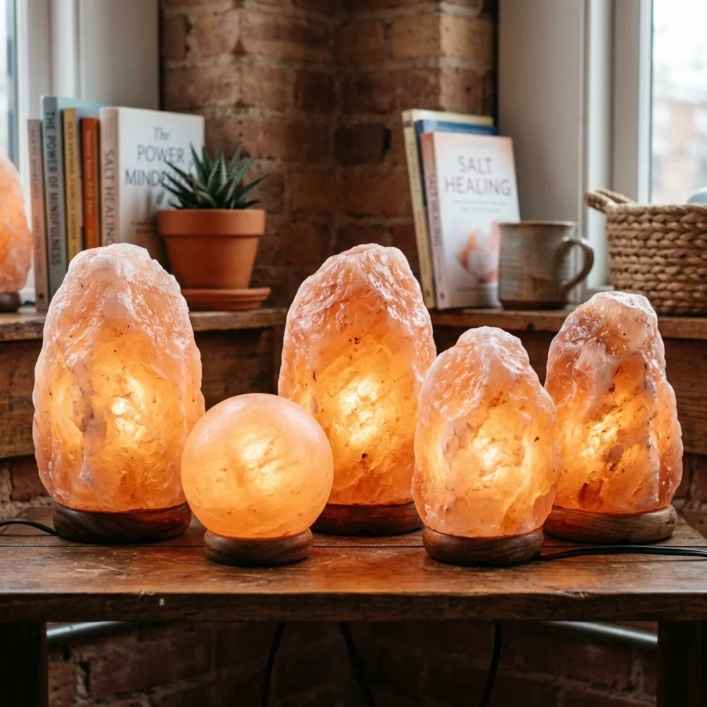Salt lamp providing warm ambient lighting in a home interior
